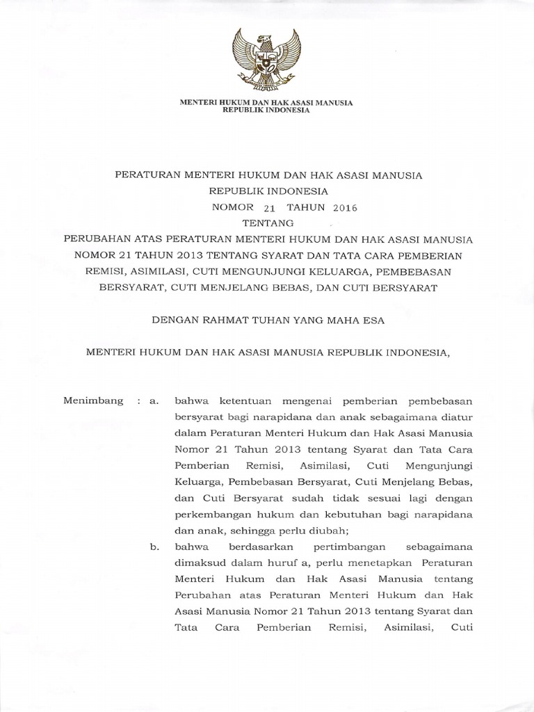 Peraturan menteri hukum dan ham ri nomor 21 tahun 2016 tentang