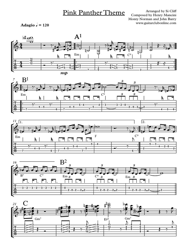 Pink Panther Lead Guitar Part PDF Tab and Notation GuitarClubOnline PDF