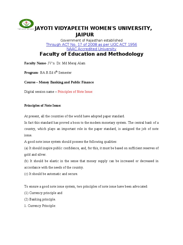 Currency vs Banking Principle of Note Issue | PDF | Money | Currency