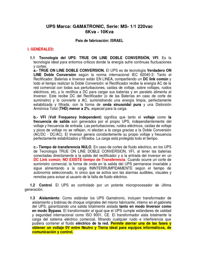UPS Gamatronic MS: Doble Conversión VFI | PDF
