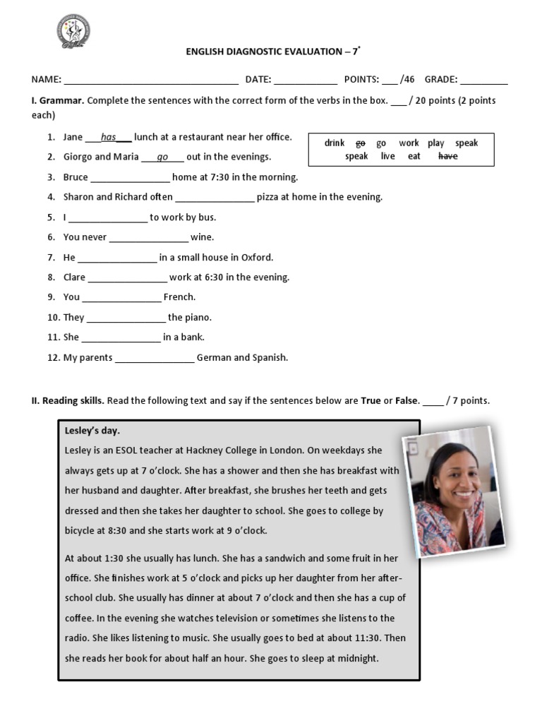 English Diagnostic Evaluation 7th Grade | PDF | Lunch | Linguistics