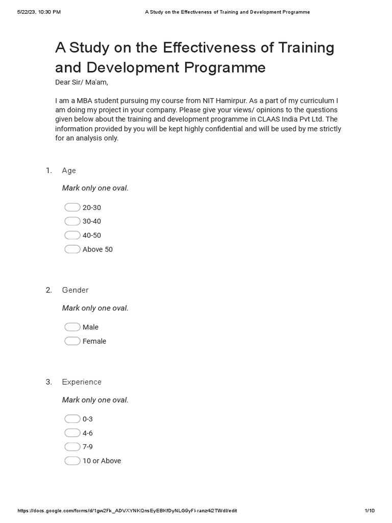 Questionnaire On The Effectiveness of Training and Development ...