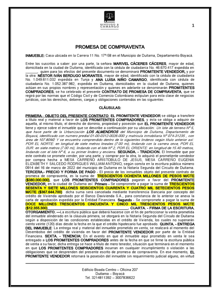 Contrato De Promesa De Compraventa De Inmueble Pdf Ley Comun Justicia ...