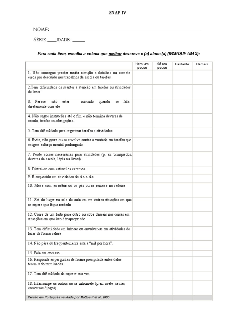 Questionário SNAP-IV para TDAH | PDF