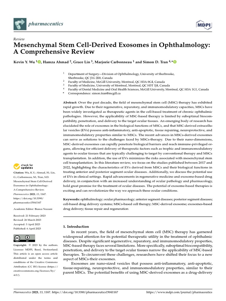 Mesenchymal Stem Cell-Derived Exosomes in Ophthalmology: A ...