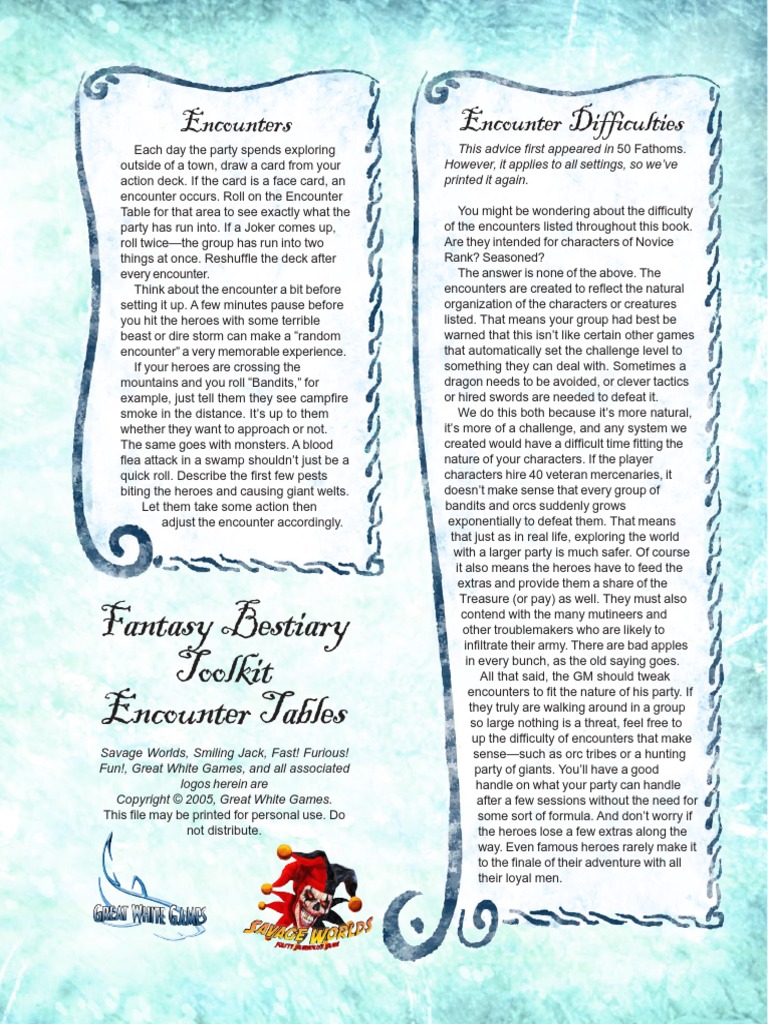 Savage Worlds - Fantasy Bestiary Tables | PDF