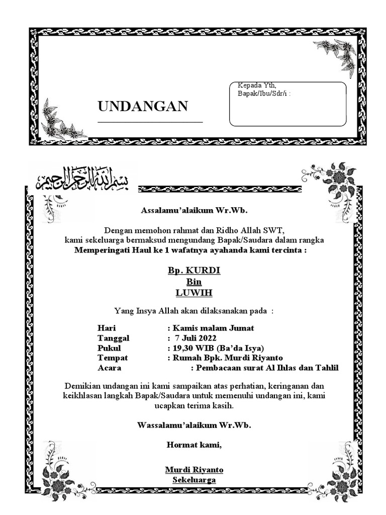 Contoh Surat Undangan Tahlil 40 100 1000 Hari Haul | PDF