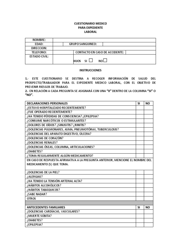 Cuestionario Medico para Empresas Fomato | PDF