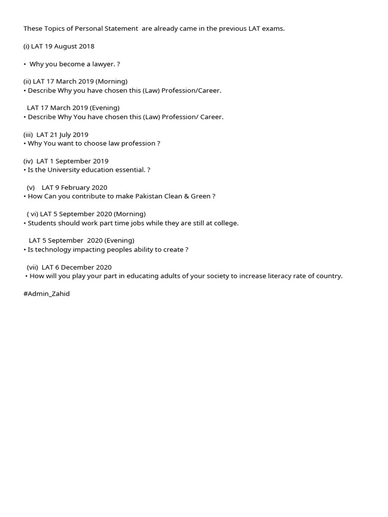 LAT Personal Statement Topics List | PDF