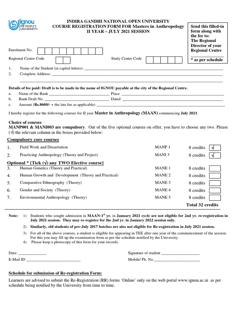 IGNOU Masters Course Registration Form | PDF | Economics | Psychotherapy