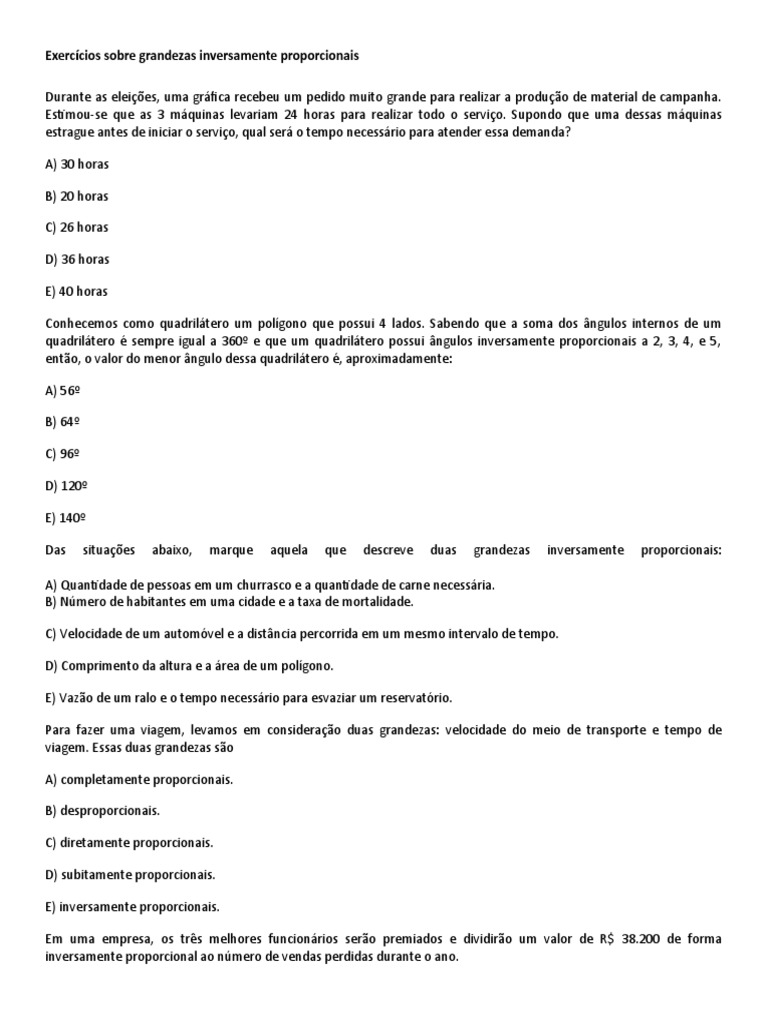 Exercícios de Grandezas Inversamente Proporcionais | PDF | Tempo