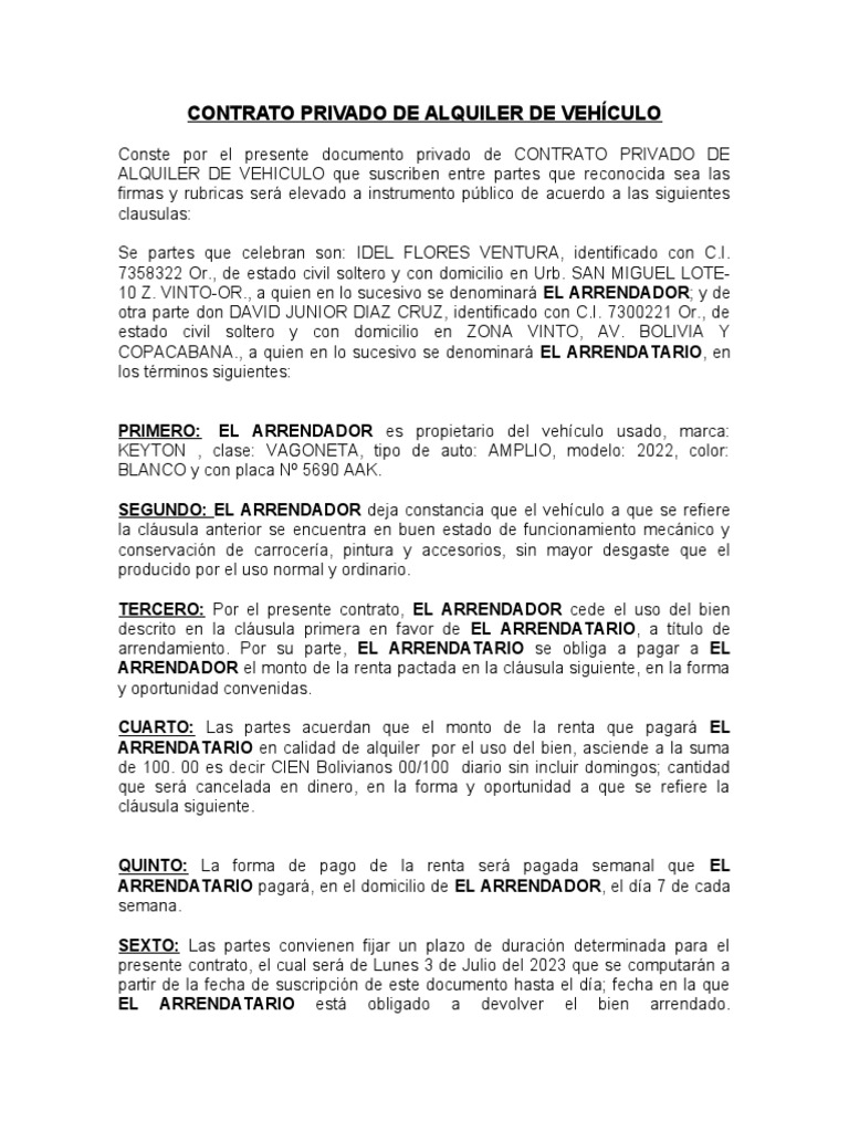 Contrato de Alquiler de Vehículo 2023 | PDF | Negocios | Finanzas y dinero