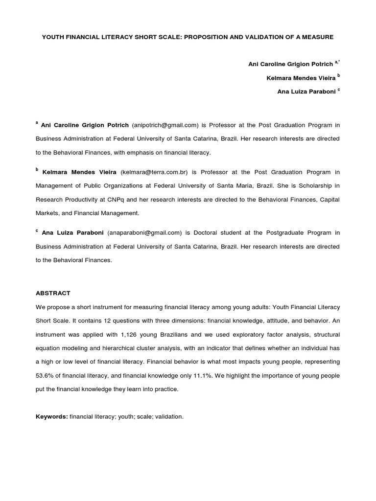 Youth Financial Literacy Short Scale Ebfc - Complete | PDF | Cost Of ...