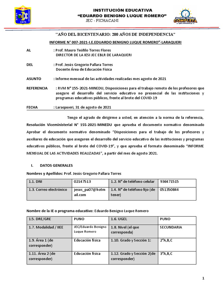 Informe Mensual de Actividades AGOSTO 2021 JESUS | PDF