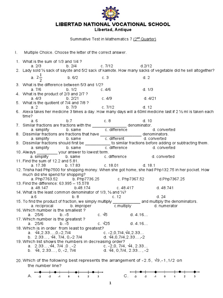 2nd Summative Test in Math 7-22-23 | PDF | Abstract Algebra ...