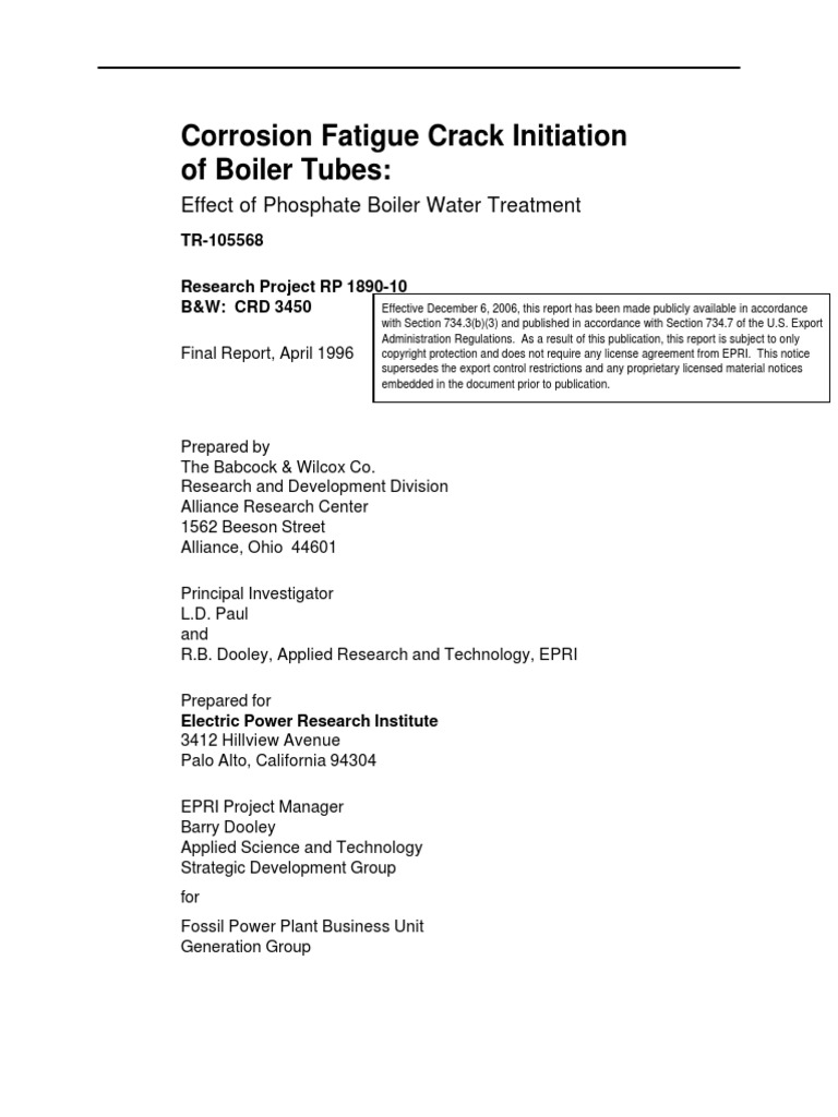 TR_105568_Corrosion Fatigue Crack Initiation of Boiler Tubes_ Effect of Phosphate in Boiler