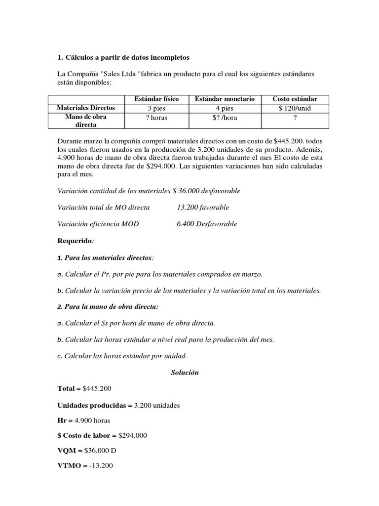 Ejercicios De Costo Estandar Pdf Economias Negocios Económicos