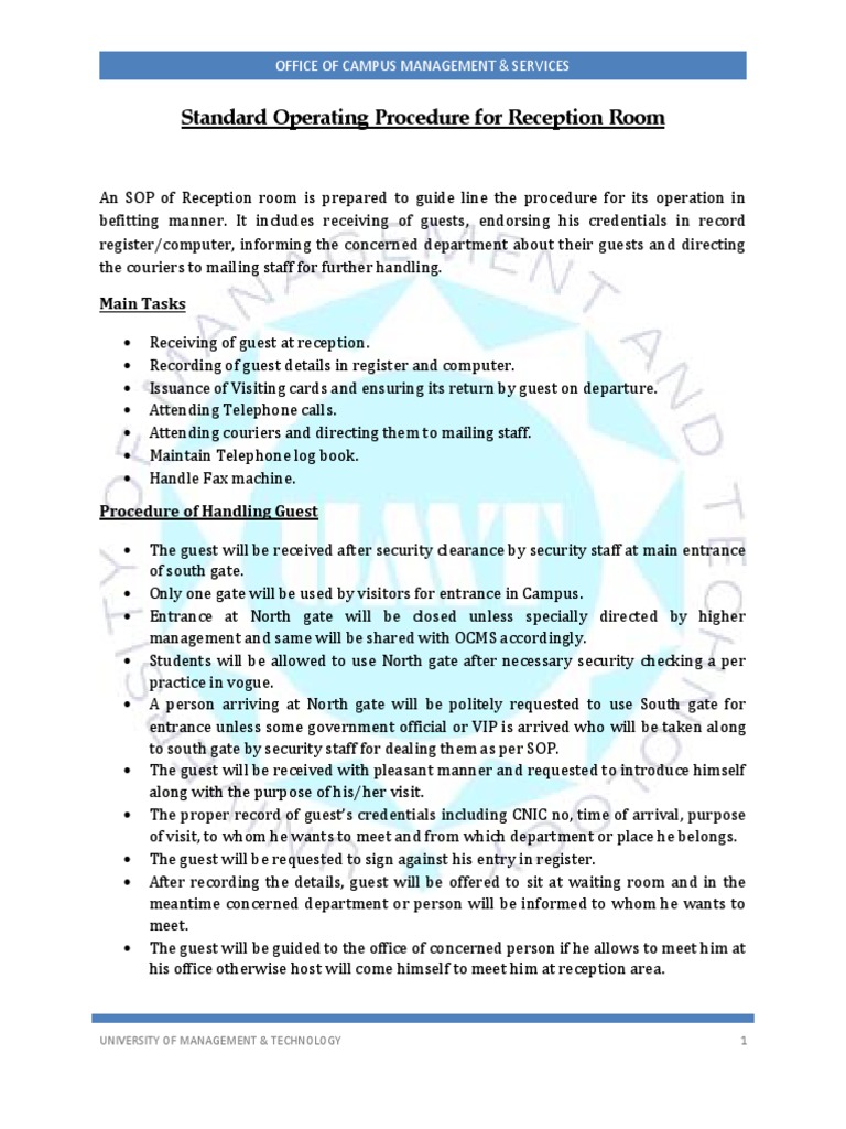 Reception Standard Operating Procedures | PDF | Finance & Money ...