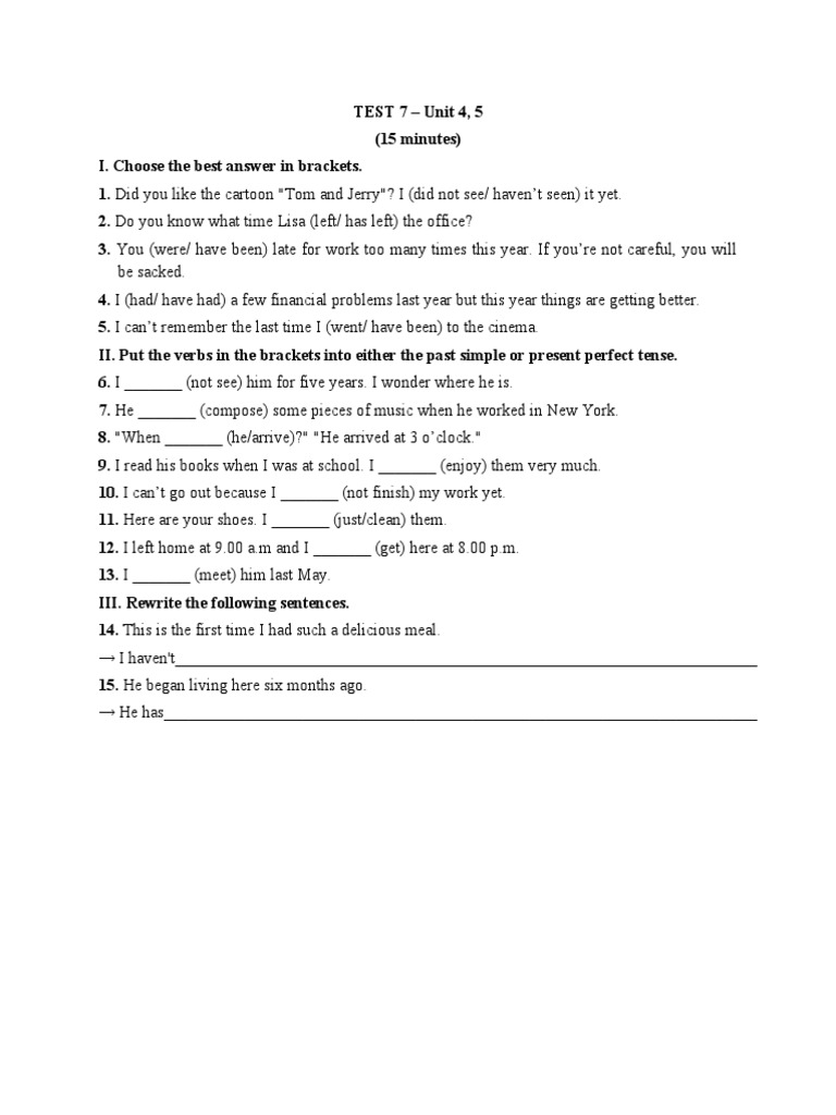 TEST 7 - Unit 4, 5 (15 Minutes) | PDF