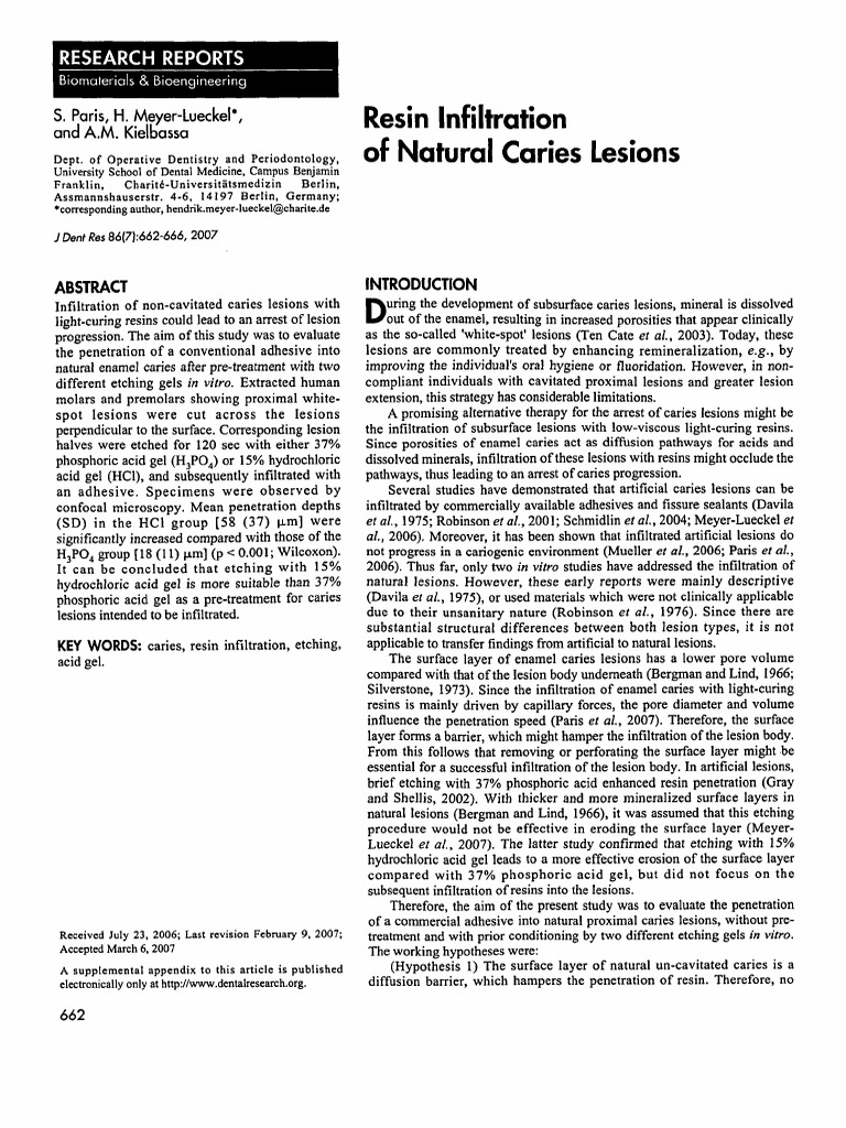 Resin Infiltration of Natural Caries Lesions | PDF | Tooth Enamel