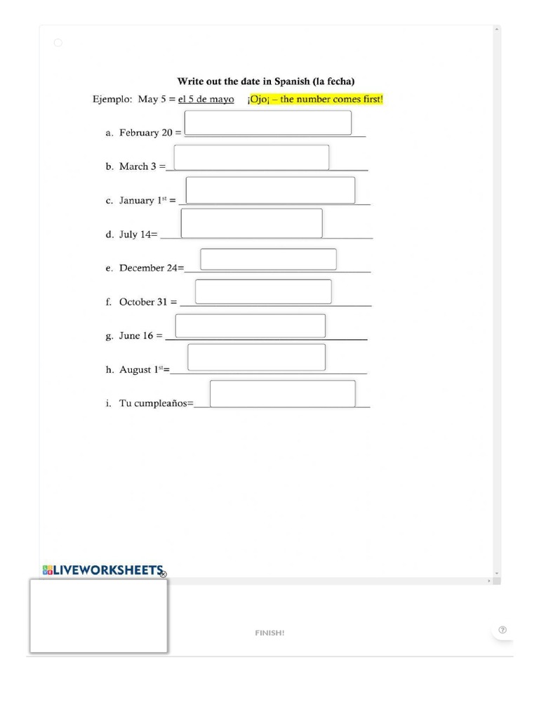 Fechas writing the date in spanish worksheet live worksheets pdf