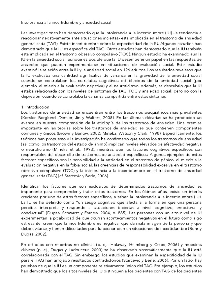 Intolerancia A La Incertidumbre y Ansiedad Social | PDF