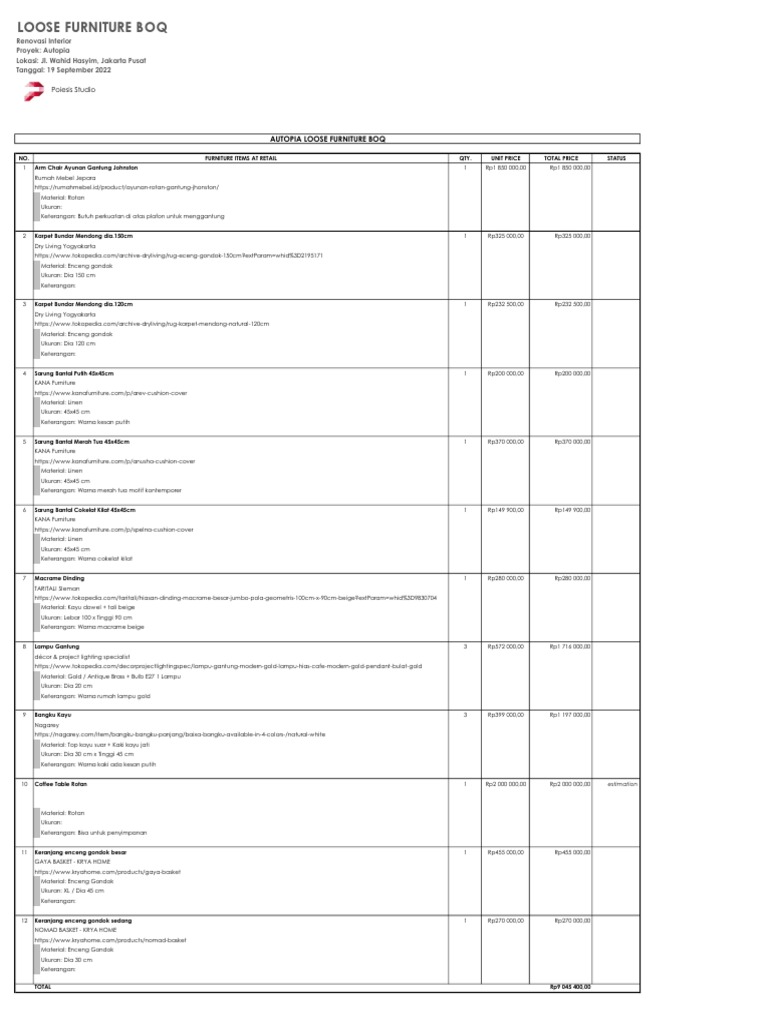Autopia Loose Furniture BoQ PDF