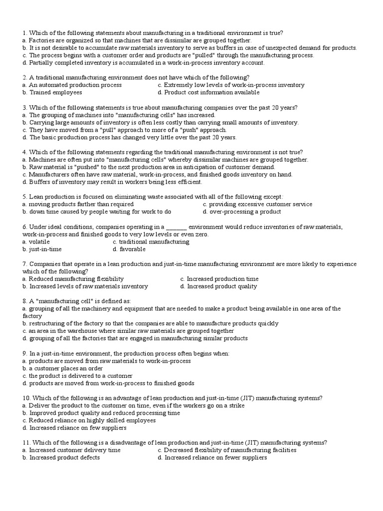 Just in time and job order costing theory quiz pdf