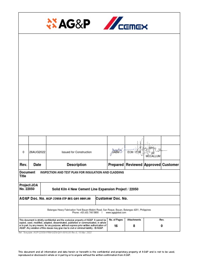 Inspection Plan for Insulation & Cladding | PDF
