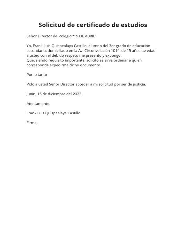 Solicitud de Certificado de Estudios | PDF