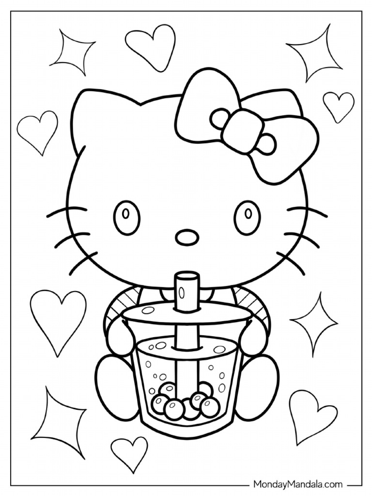 Boba Hello Kitty Coloring Page