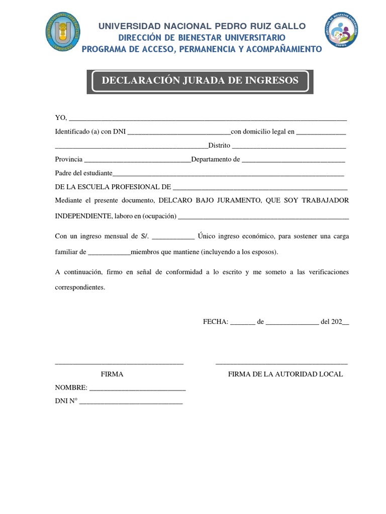 Declaración Jurada de Ingresos Mensuales | PDF | Finanzas y dinero