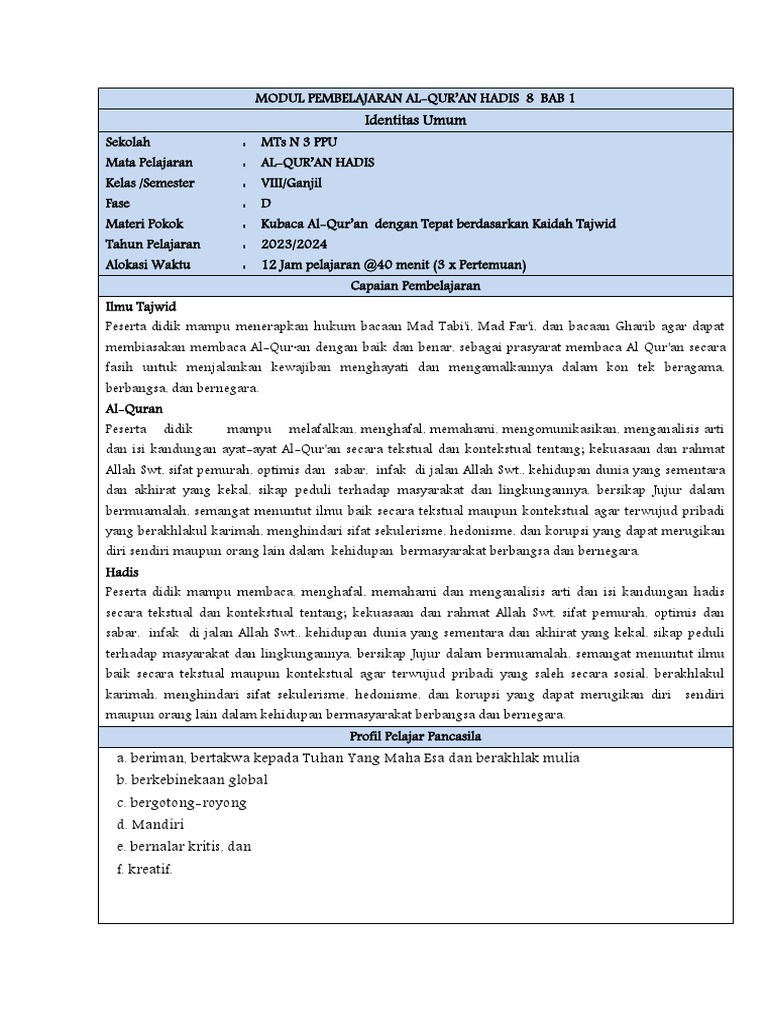 Modul Al Quran Hadis 8 Bab 1 Pdf