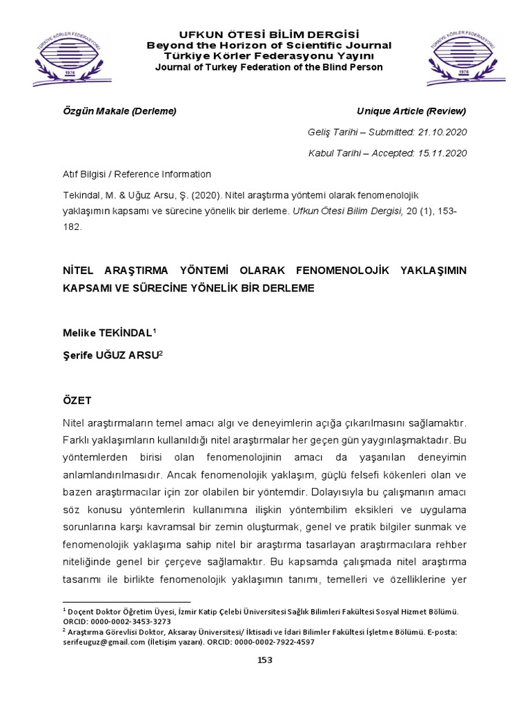 Nitel Ara T Rma Y Ntemi Olarak Fenomenolojik Yakla M N Kapsam Ve S ...