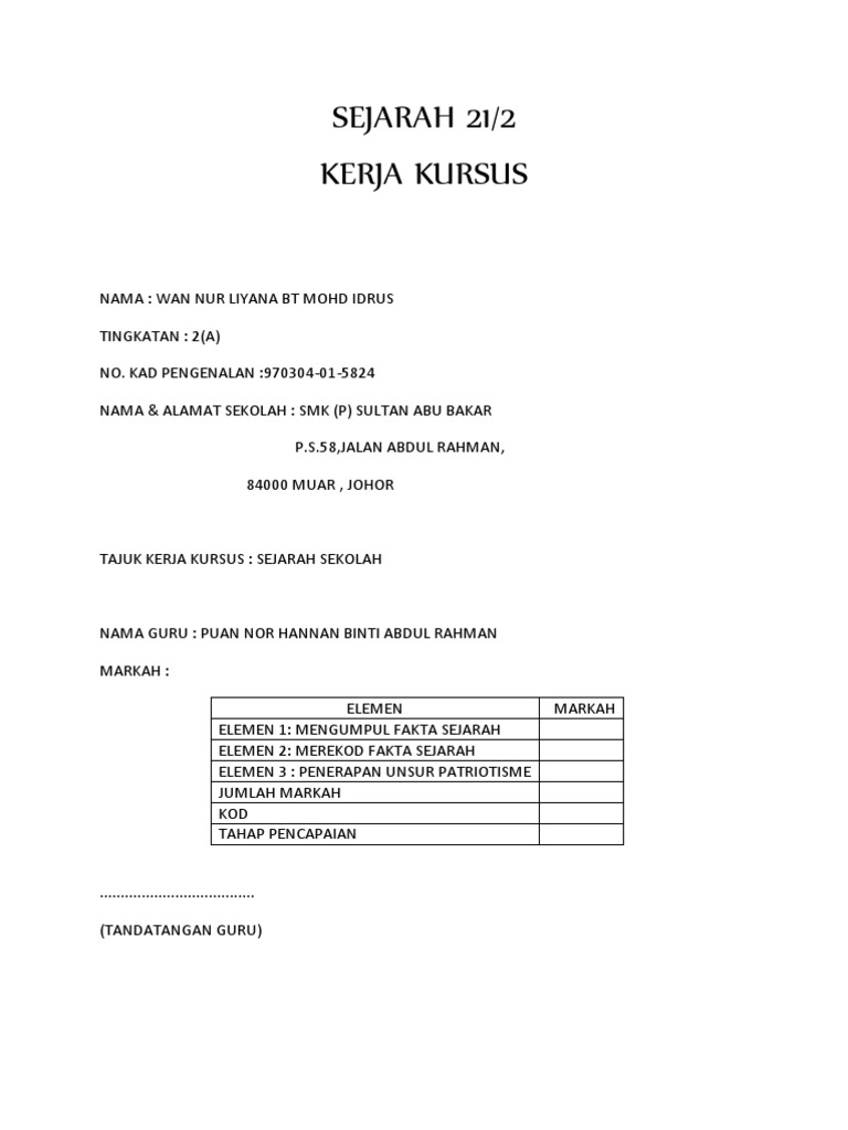 Kerja Kursus Sejarah Form 2