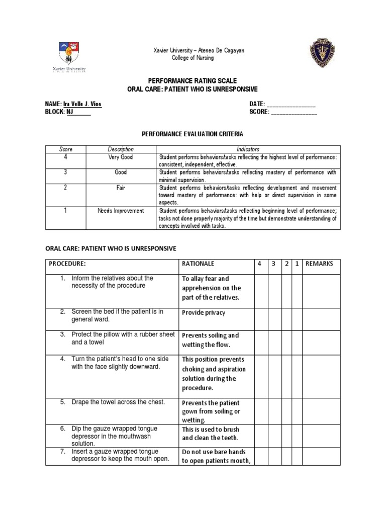 PRS Oral Care For Unresponsive Client Vios PDF Oral Hygiene