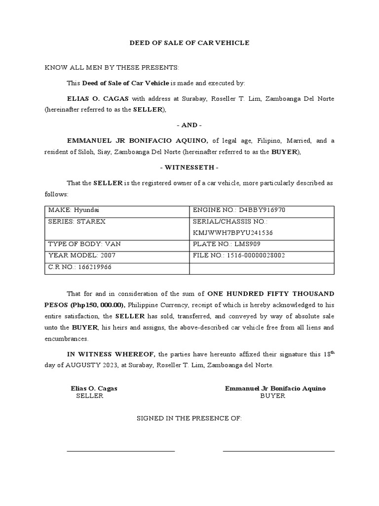 Deed of Sale of Car Vehicle (3302) | PDF