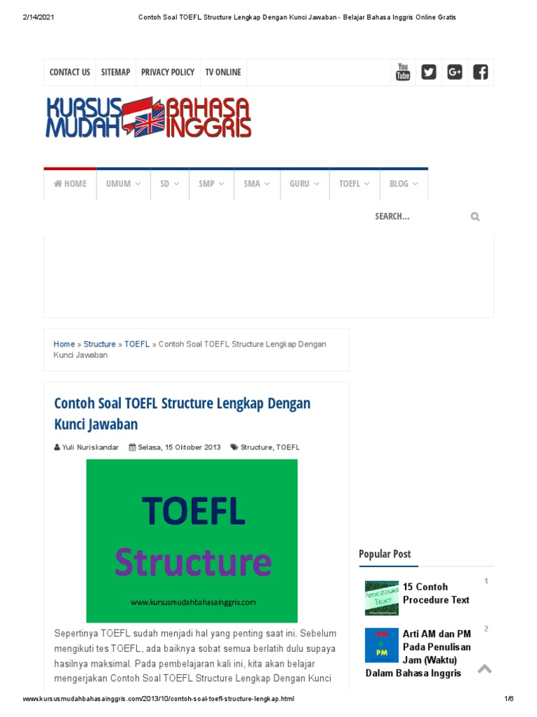 Contoh Soal Toefl Structure Lengkap Dengan Kunci Jawaban Belajar