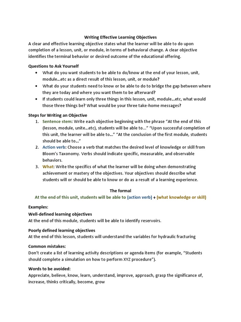 Writing Learning Objectives | PDF | Learning | Verb