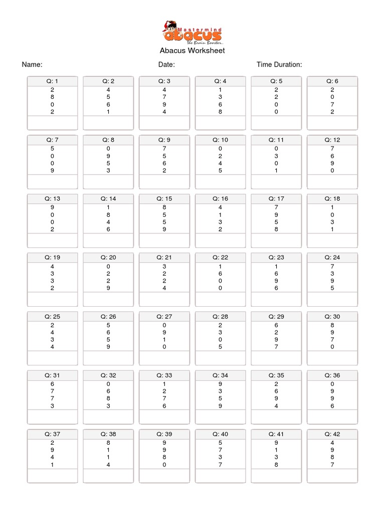Abacus Worksheet PDF