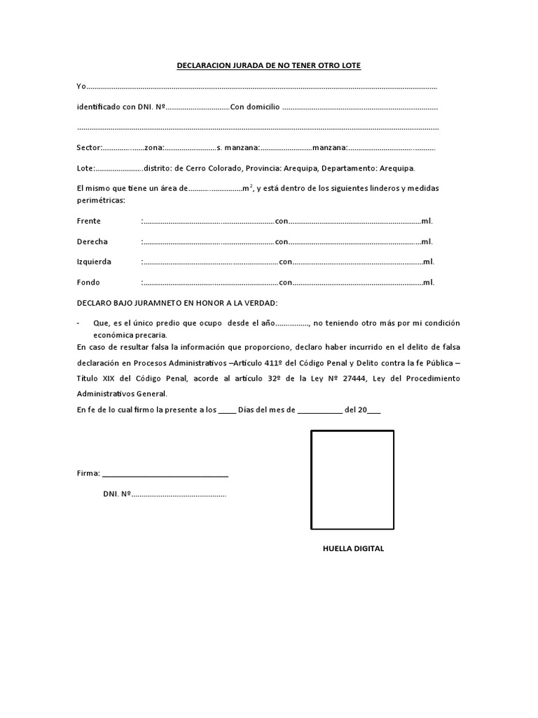Declaración Jurada de No Tener Propiedades | PDF | Derecho