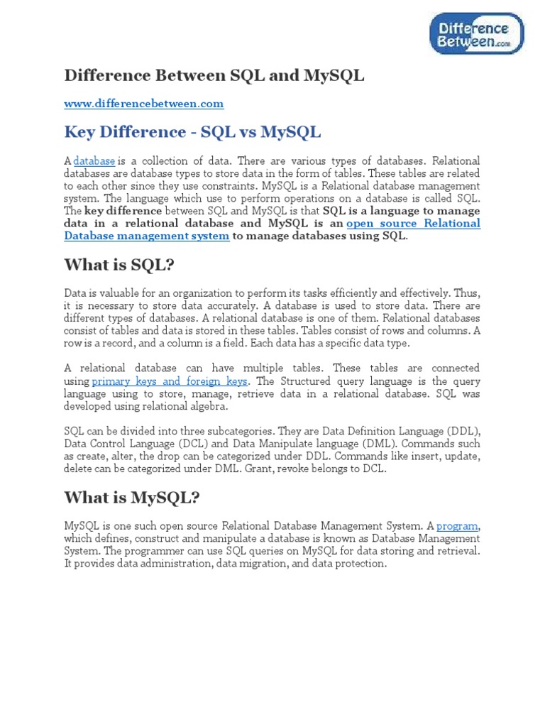 Difference Between SQL and MySQL | PDF