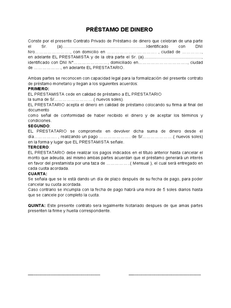 Contrato de Préstamo de Dinero | PDF | Negocios