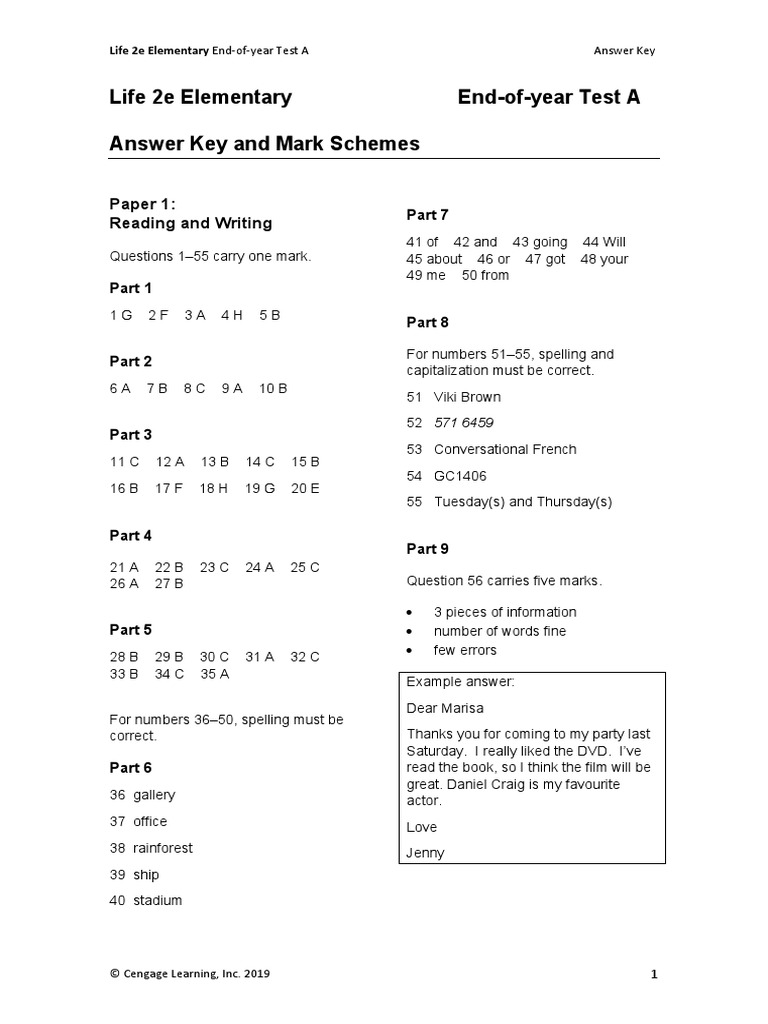 Life 2e Elementary Test A Answer Key | PDF