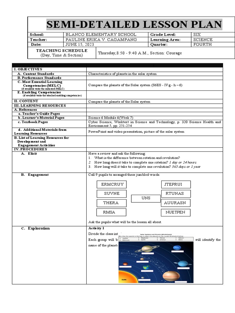 Grade 6 Science Lesson Plan: Solar System | PDF | Solar System | Planets