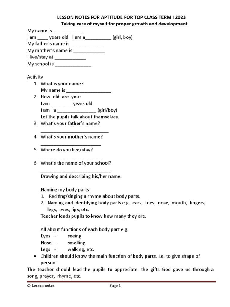 Term 1 Lesson Notes for Top Class | PDF | Language Arts & Discipline