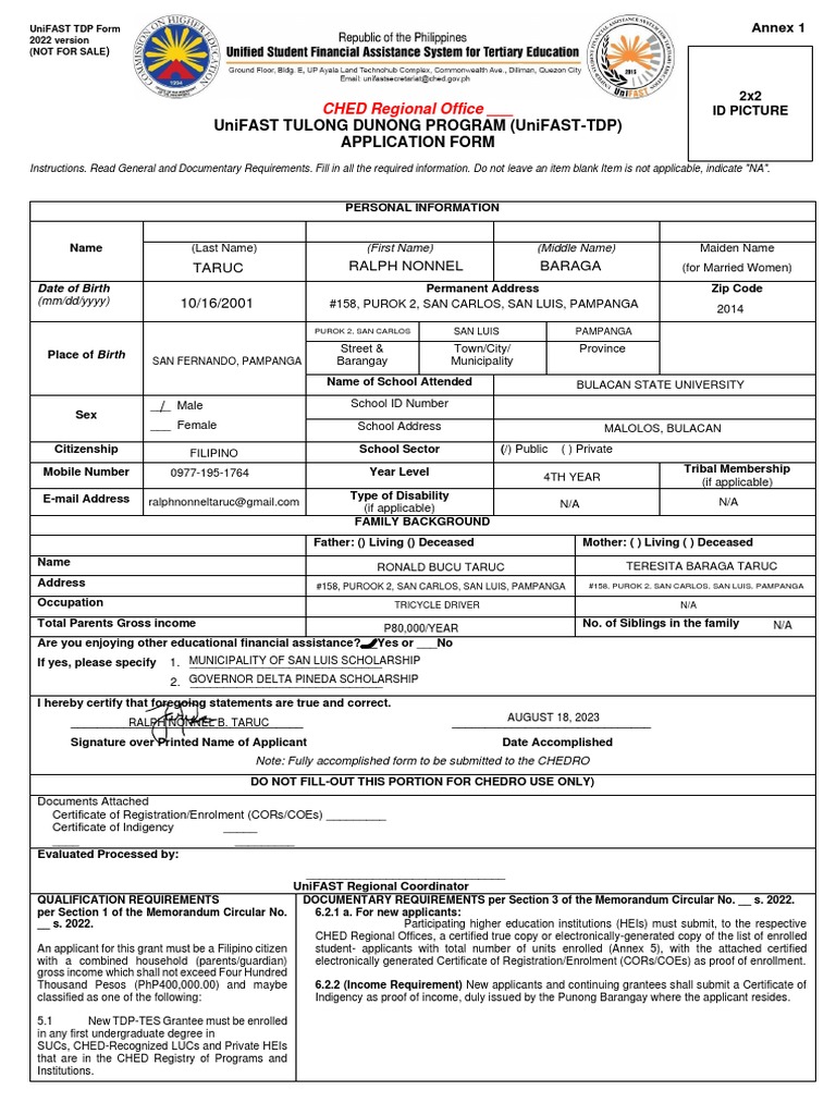 UniFAST TDP Application Form 2025 | PDF | Government