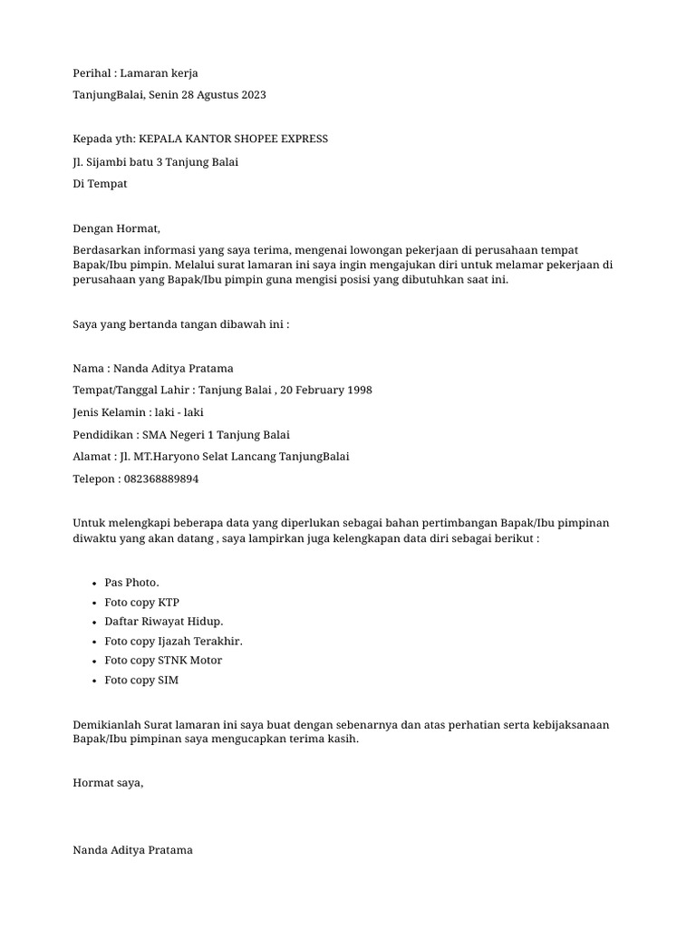 Surat Lamaran Kerja Online PDF