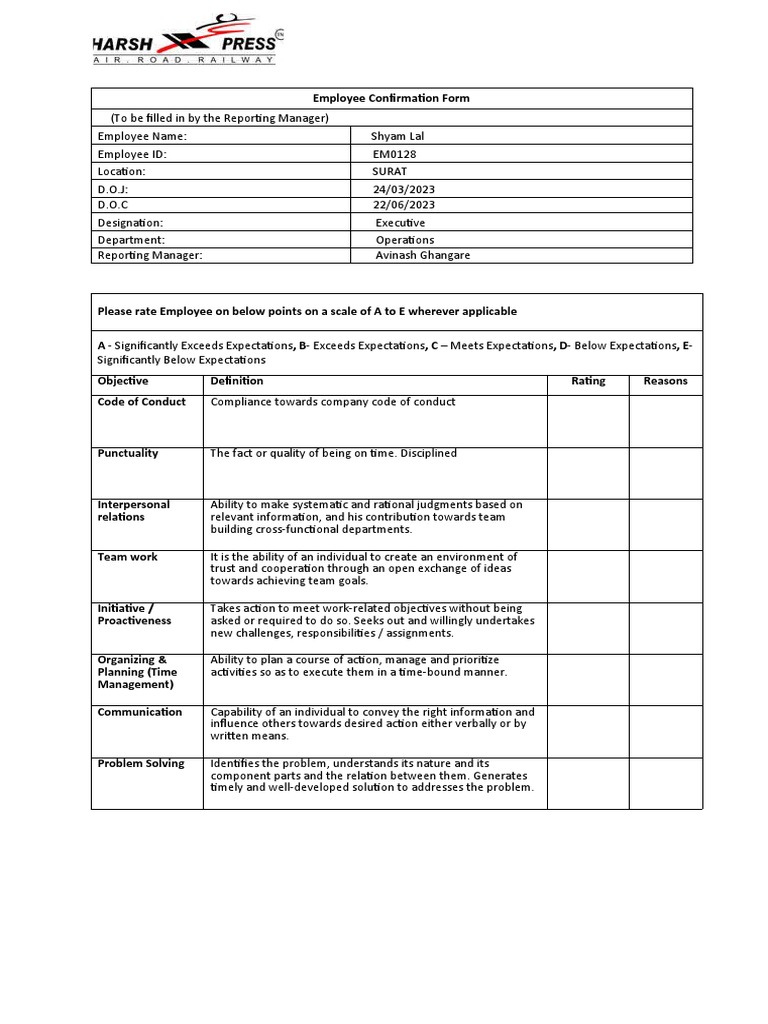 Employee Confirmation Evaluation Form | PDF | Human Communication ...