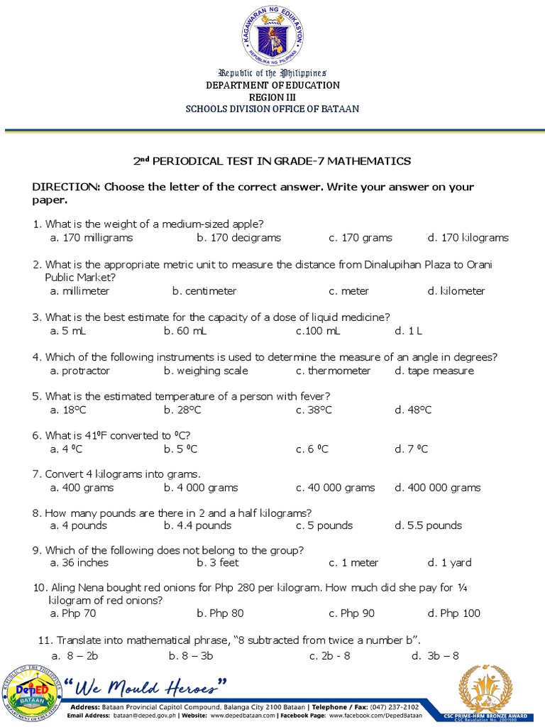 Grade 7 2nd Periodical Test - Math | PDF | Equations | Pound (Mass)